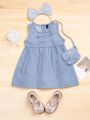 Baby Flap Detail Sleeveless Denim Dress With Accessory Bag