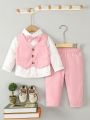 Baby Boy Gentleman Pink Bow Tie Shirt + Vest + Pants Party 3-Piece Set, Romantic And Fashionable, Suitable For Birthday Party, Wedding, Full Moon Celebration, One-Year-Old Birthday Party, Etc.