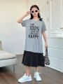 SHEIN Kids EVRYDAY Tween Girls' Loose Round Neck Casual Dress With Color Blocking And Letter Print