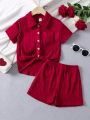 SHEIN Young Girl Solid Button Front Shirt & Shorts