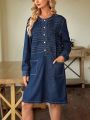 SHEIN LUNE Contrast Topstitch Edge & Double Pocket Denim Dress