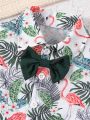 Baby Boy's Flamingo Printed Short Sleeve Shirt With Bow Tie & Woven Shorts Set