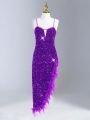 Tween Girls' Fur & Sparkly Sequins Decor Strap Formal Dress Suitable For Wedding, Evening, Birthday Party In Fall/Winter