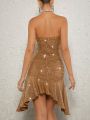 Asavvy 3D Rosette Ruched Ruffle Hem Sequin Tube Dress