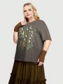 ROMWE Fairycore Women's Plus Size Plant Printed Oversized Tee With Drop Shoulder For Summer