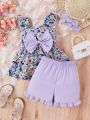Toddler Girls Floral Print Ruffle Trim Bow Front Top & Shorts