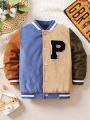 Young Boy Letter Patched Striped Trim Colorblock Varsity Jacket