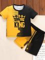 SHEIN Kids EVRYDAY Summer Toddler Boys' Short Sleeve Casual Letter Print T-Shirt And Shorts Set