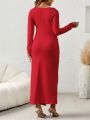 SHEIN Maternity Hollow Out Twist Knot Front High Split Knit Dress