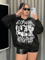 SHEIN ICON Plus Size Character & Letter Print Hooded Sweatshirt With Drawstring