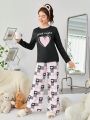 SHEIN Teen Girls' Knitted Heart  Slogan Pattern Round Neck T-Shirt And Long Pants Set