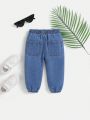 SHEIN Baby Boy's Elastic Waist Loose Fit Comfortable Thin Denim Pants, Water Washed & Cuffed