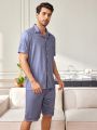 Men'S Contrast Piping Short-Sleeved Shirt And Shorts Loungewear Set