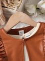 Baby Girls' Elegant & Cute Mesh Dress And Brown Ruffle Sleeve Jacket Set