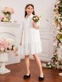 SHEIN Kids CHARMNG Tween Girls' Lace-Up Collar Half Placket Embroidered Lace & Woven Patchwork Hollow Out Dress