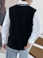 Extended Sizes Men's Plus Size Sweater Vest With Hooded Collar, Knitted And Embroidered Design