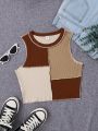 SHEIN Female Teenagers' Knitted Ribbed Color Block Crew Neck Casual Tank Top