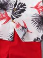 SHEIN Kids SUNSHNE Young Boys' Tropical Print Shirt & Solid Color Shorts Casual Set