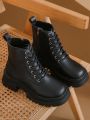 Women's Fashionable Korean Style Pu Leather Mid-calf Boots With Thick Soles, Comfortable Soft Bottom And Strap Design, Big Size Available