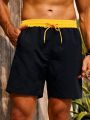 Men'S Color Block Drawstring Waist Banana Print Two-In-One Beach Shorts