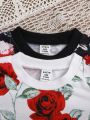 Baby Girls' Romantic Vintage Flower Printed Hoodie And Pants Set