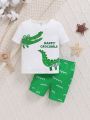 SHEIN Baby Boys' Cartoon Crocodile Pattern Round Neck Short Sleeve Top And Casual Shorts Set