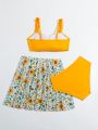 Teenage Girls' Sunflower Pattern Printed Swimsuit Set With Mesh Skirt