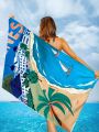 thaonca 1pc Beach Towel With Coconut Palm Tree Landscape Printed, Made Of Microfiber