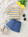 Baby Girls' Letter Floral Printed Striped Short Sleeve T-Shirt And Shorts Set