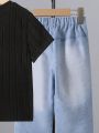 SHEIN Kids KDOMO Boys' (Little) Ribbed Short Sleeve T-Shirt And Denim-Like Pants Two Piece Set