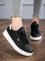 1pair Ladies' Lace-up Casual Sneakers, Black & White Color Block