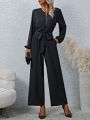 Women's Solid Color Half Zipper Pullover And Wide-leg Pants Two Piece Set