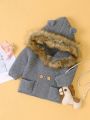 Baby Boy Pocket Front Double Breasted Fuzzy Trim Hooded Cardigan