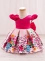 Baby Girl 3d Flower Decorated Floral Printed Pleated Dress