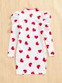 SHEIN Kids KDOMO Girls' Tween Slim Fit Casual Puff Sleeve Hearts Printed Dress