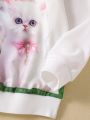 SHEIN Kids Y2Kool Little Girls' Cat Patterned Round Neck Long Sleeve Casual Sweatshirt