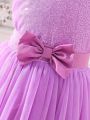 Tween Girl Bow Front Mesh Hem Contrast Sequin Dress