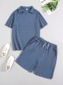 SHEIN Teenage Boys' Casual Texture Fabric T-Shirt And Shorts Set, Versatile Outfits