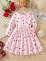 SHEIN Kids KDOMO Girls' Long-Sleeved Dress With Japanese And Korean Style Printed Heart Pattern, Suitable For Vacation In Autumn And Winter