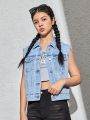 SHEIN Teen Girls Flap Pocket Ripped Denim Vest Jacket