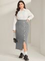 SHEIN Mulvari Plus Size Women'S Knitted Skirt With Side Slits