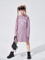 SHEIN Sweet Casual Knitted Digital Pattern Print Hooded Dress For Tween Girls