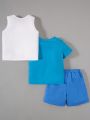 SHEIN Kids QTFun 3pcs/Set Toddler Boys' Cute Cartoon Animal Pattern Vest, Short Sleeve Top, Shorts Set