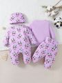4pcs/Set Baby Girls' Panda Printed Romper, Jumpsuit, Pants And Hat Home Outfits