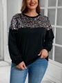 SHEIN LUNE Plus Size Women's Glittery Splicing Round Neck Sweatshirt