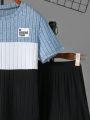 SHEIN Kids EVRYDAY Tweens Boys' Color Block Ribbed Knit Short Sleeve T-Shirt And Shorts Set
