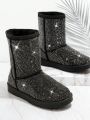 Faux Leather Rhinestone Detail Lug Sole Boots