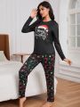 Christmas Hat & Letter Graphic Tee & Pants Lounge Set