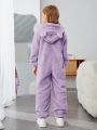 SHEIN Teen Girls' Solid Color Fleece Hooded Jumpsuit For Casual Wear