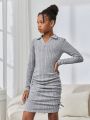 SHEIN Kids Cooltwn Big Girls' Street Style V-neck Knitted Solid Color Sporty Long Sleeve Dress